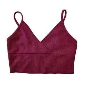 Romwe Small Red Burgundy‎ Ribbed Wrap Crop Top Spaghetti Strap Tank